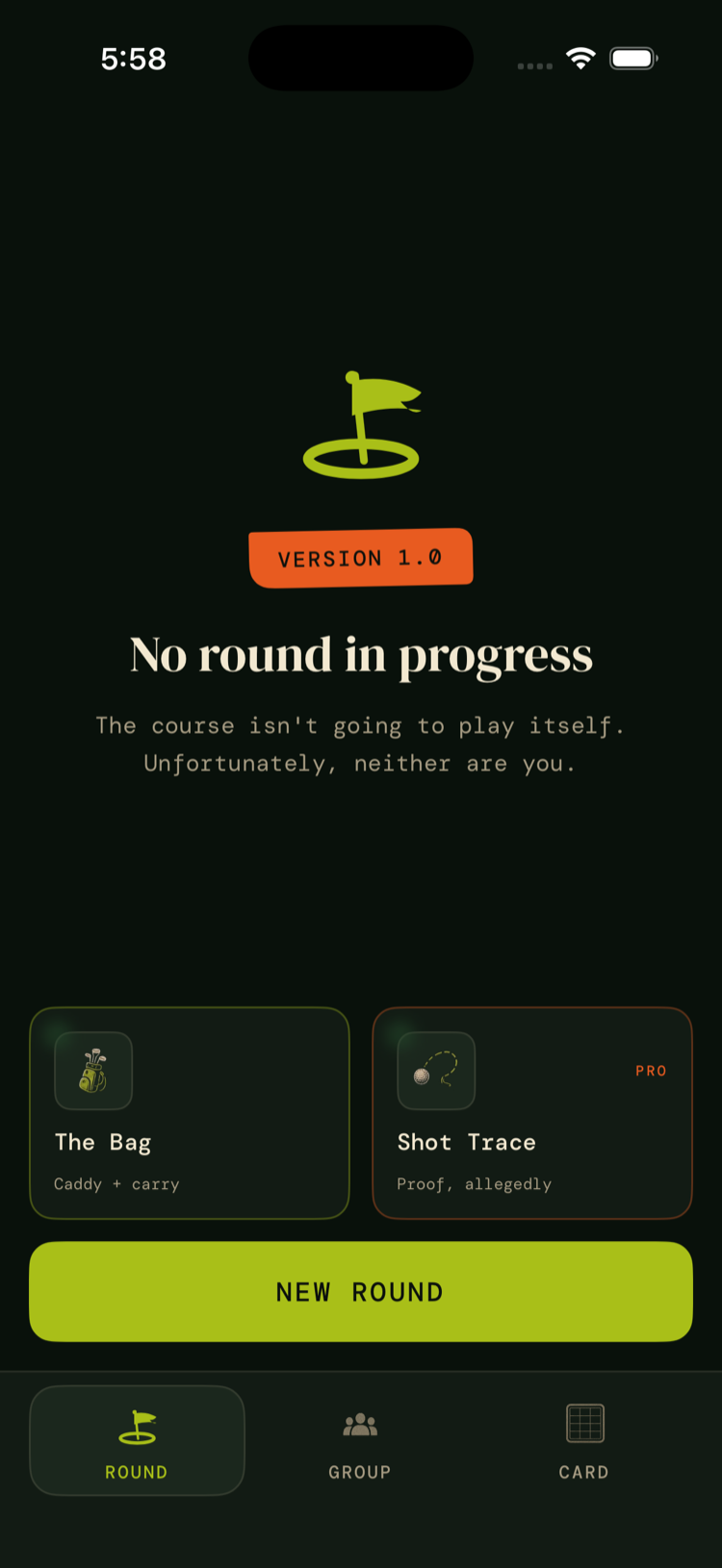 HackDay Round home screen with The Bag, Shot Trace, and New Round actions