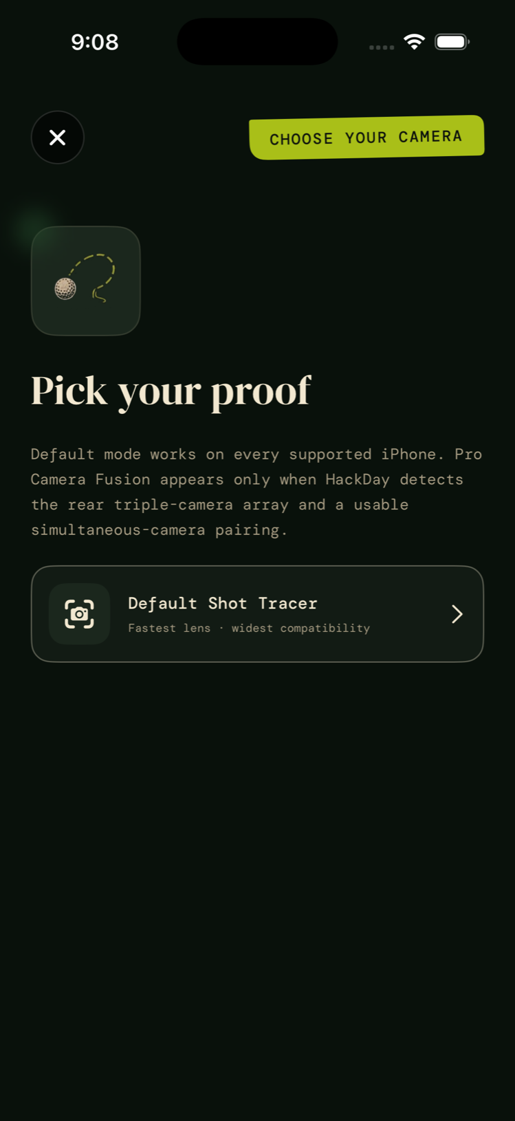 HackDay Shot Tracer camera mode selector showing the default tracer option